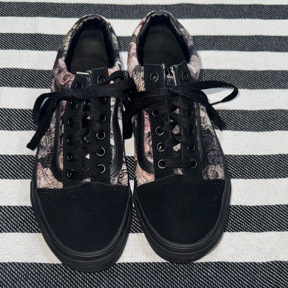 Vans Floral Black and Pink Sneakers with Suede and Canvas